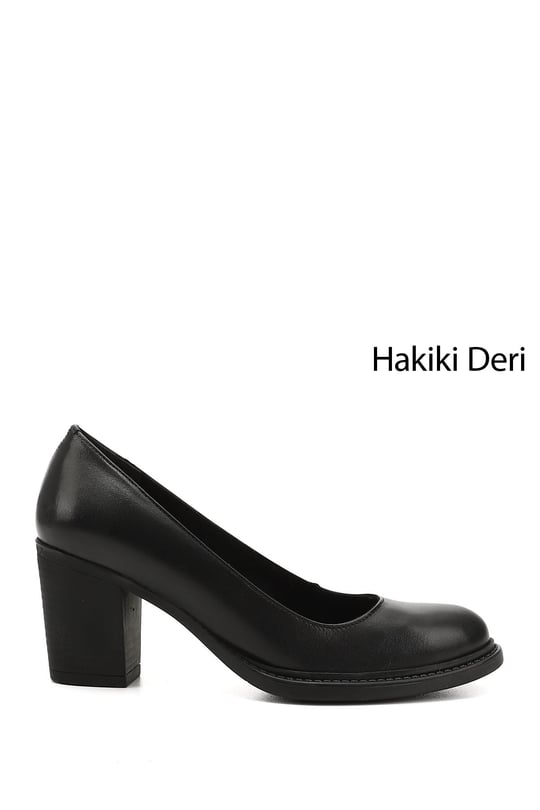 Kadın Siyah Orta Kalın Topuklu Hakiki Deri Ayakkabı
