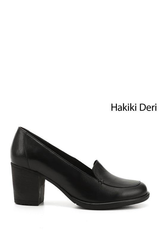 Kadın Siyah Orta Kalın Topuklu Hakiki Deri Ayakkabı