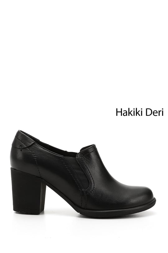 Kadın Siyah Orta Kalın Topuklu Hakiki Deri Ayakkabı