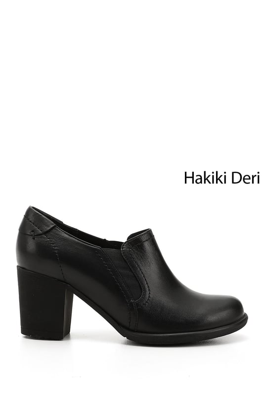 Women's Black Medium Thick Heel Genuine Leather Shoes