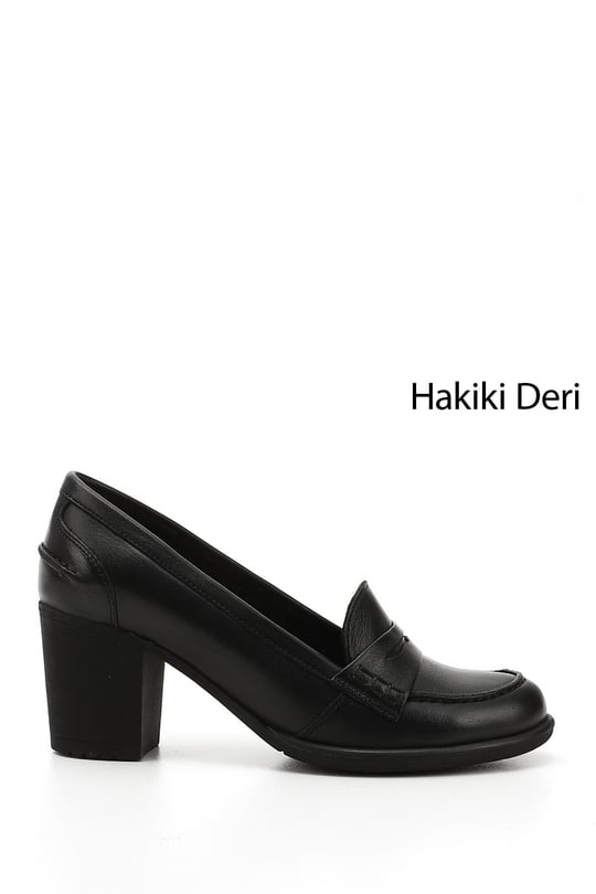 Women's Black Medium Thick Heel Genuine Leather Shoes