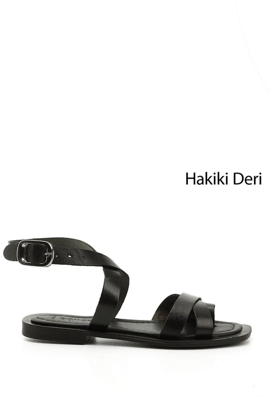 Kadın Siyah Parmak Arası Bilek Bağlı Hakiki Deri Sandalet