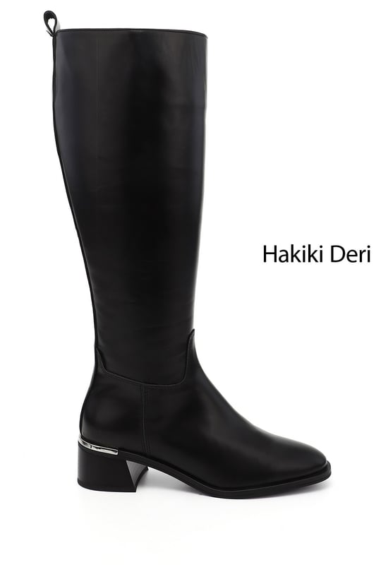 Kadın Siyah Platinum Fermuarlı Kalın Topuklu Hakiki Deri Çizme