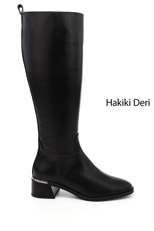 Kadın Siyah Platinum Fermuarlı Kalın Topuklu Hakiki Deri Çizme