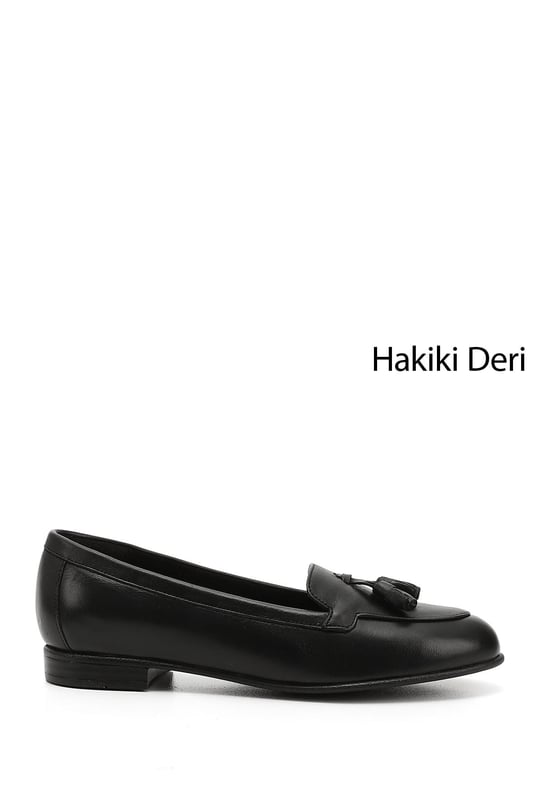 Kadın Siyah Püsküllü Hakiki Deri Babet
