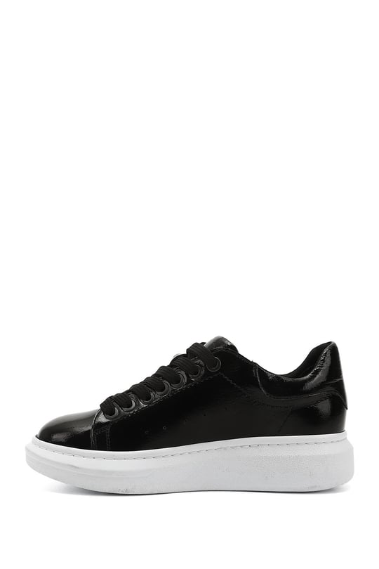 Women's Black Patent Leather Lace-Up Wedge Sole Genuine Leather Sneakers