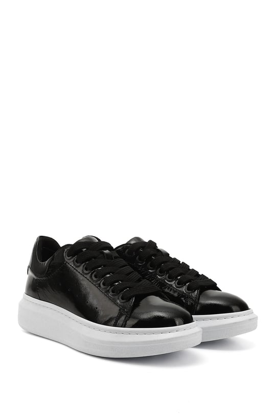 Women's Black Patent Leather Lace-Up Wedge Sole Genuine Leather Sneakers