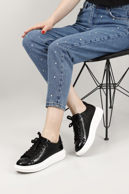 Women's Black Patent Leather Lace-Up Wedge Sole Genuine Leather Sneakers