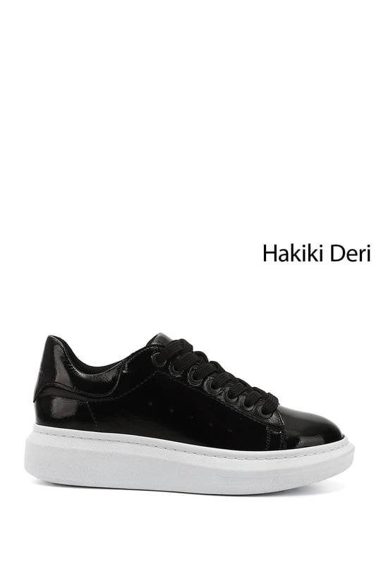 Women's Black Patent Leather Lace-Up Wedge Sole Genuine Leather Sneakers