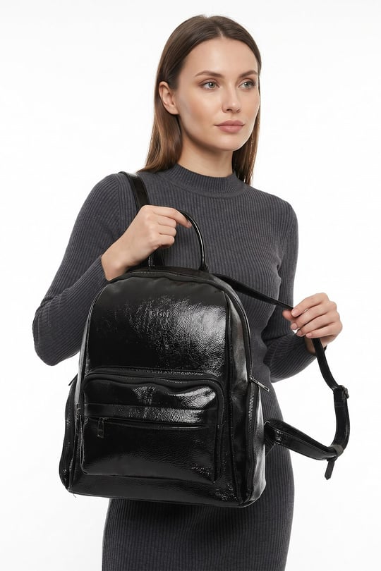 Women's Black Patent Leather Handbag and Backpack