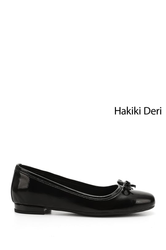 Kadın Siyah Rugan Fiyonklu Hakiki Deri Babet