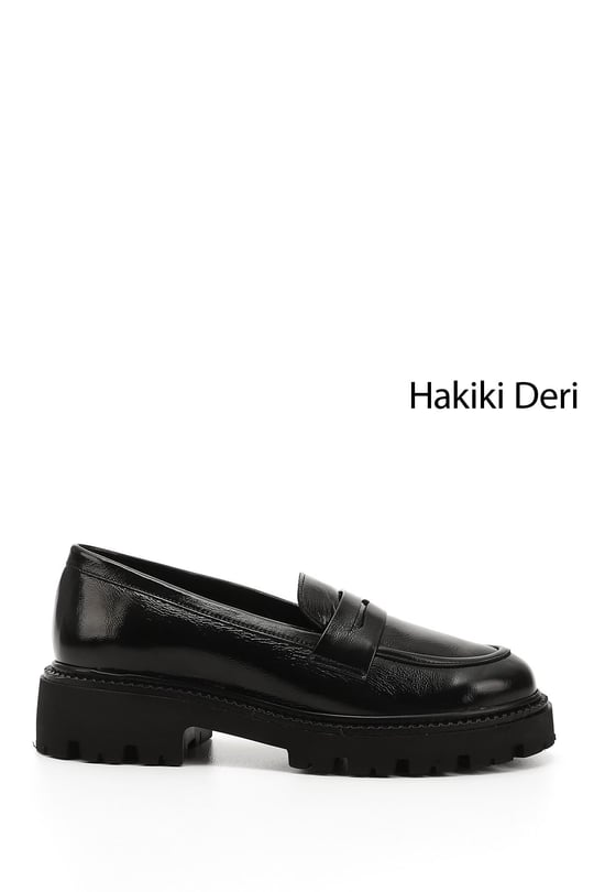 Kadın Siyah Rugan Kalın Topuklu Hakiki Deri Loafer Ayakkabı