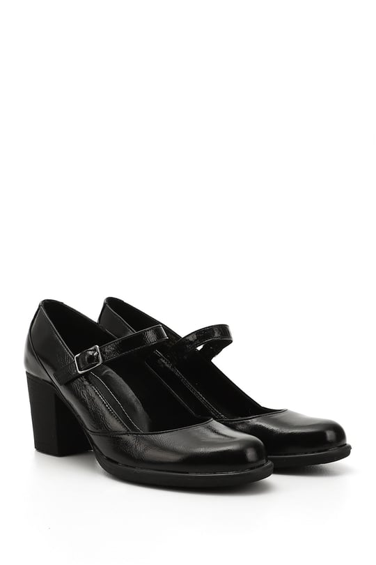 Women's Black Patent Leather Thick Heeled Mary Jane Genuine Leather Shoes