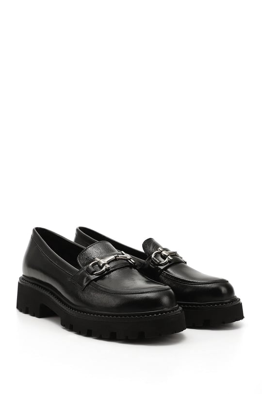 Women's Black Patent Leather Buckled Genuine Leather Loafer Shoes