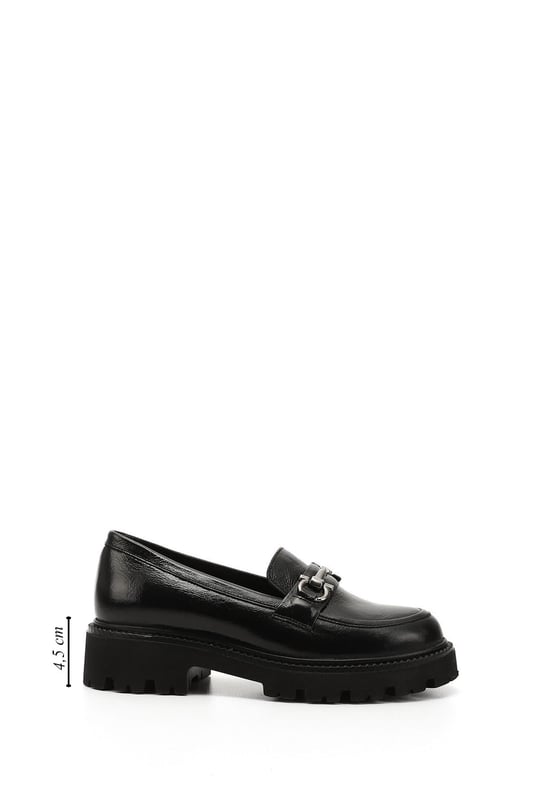 Women's Black Patent Leather Buckled Genuine Leather Loafer Shoes