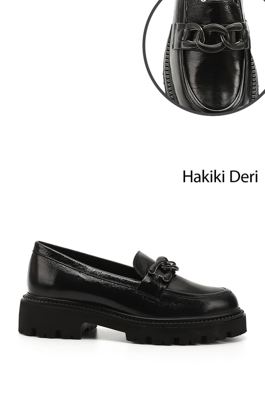 Kadın Siyah Rugan Kalın Topuklu Tokalı Hakiki Deri Loafer Ayakkabı