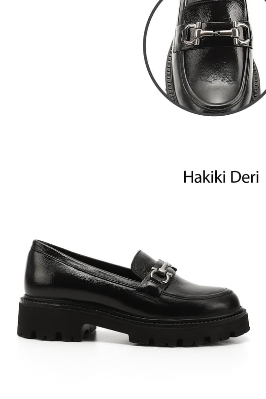 Women's Black Patent Leather Buckled Genuine Leather Loafer Shoes