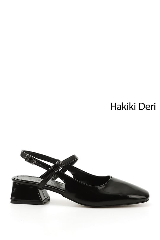Kadın Siyah Rugan Kısa Kalın Topuklu Arkası Açık Ayakkabı