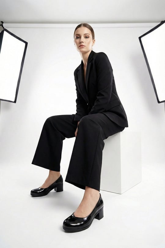 Women's Black Patent Leather Short Thick Heeled Genuine Leather Shoes