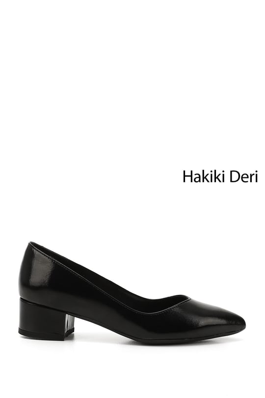 Kadın Siyah Rugan Kısa Kalın Topuklu Hakiki Deri Ayakkabı