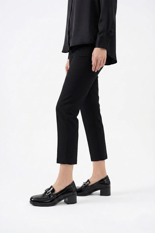 Women's Black Patent Leather Short Thick Heeled Genuine Leather Shoes