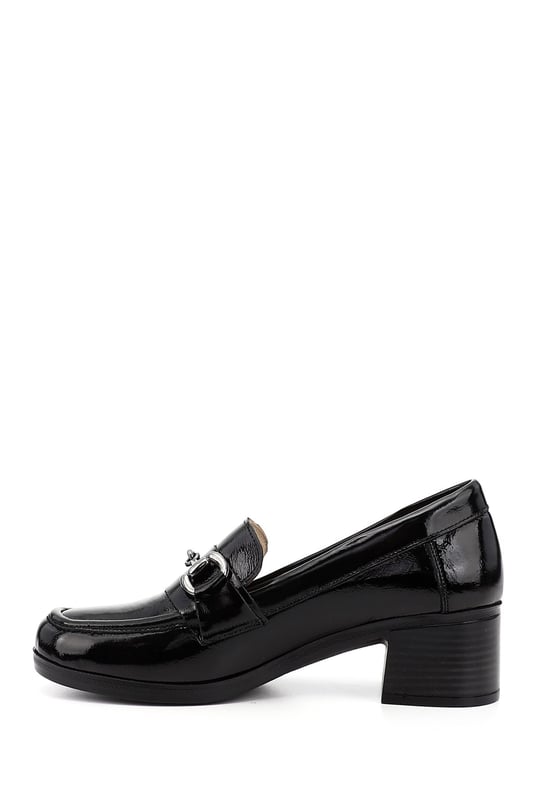 Women's Black Patent Leather Short Thick Heeled Genuine Leather Shoes