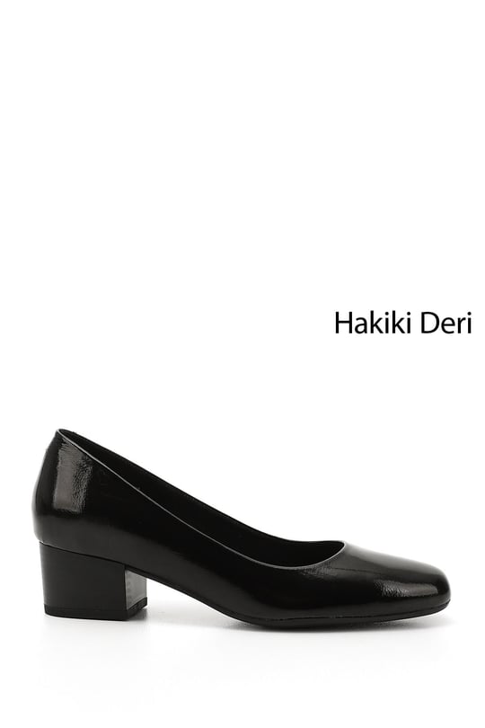 Kadın Siyah Rugan Kısa Kalın Topuklu Hakiki Deri Ayakkabı