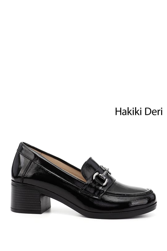 Women's Black Patent Leather Short Thick Heeled Genuine Leather Shoes