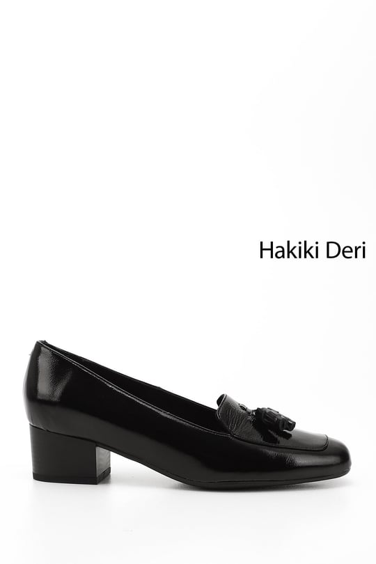 Kadın Siyah Rugan Küt Burun Kısa Kalın Topuklu Hakiki Deri Ayakkabı
