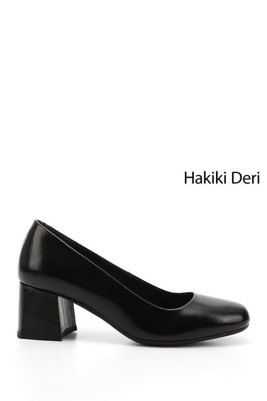 Kadın Siyah Rugan Küt Burun Orta Kalın Topuklu Hakiki Deri Ayakkabı