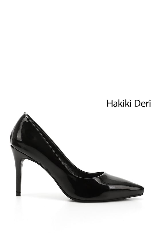 Kadın Siyah Rugan Platinum Sivri Burun İnce Topuklu Hakiki Deri Stiletto