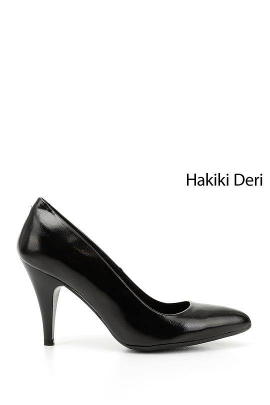 Kadın Siyah Rugan Sivri Burun İnce Topuklu Hakiki Deri Stiletto