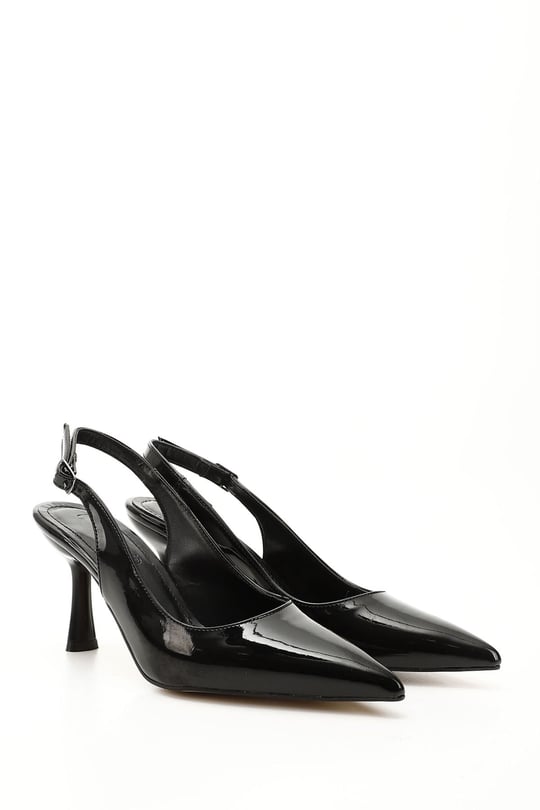 Women's Black Patent Leather Pointed Toe Goblet Heel Slingback Shoes