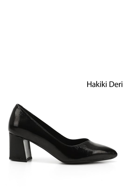 Women's Black Patent Leather Pointed Toe Medium Thick Heel Genuine Leather Shoes