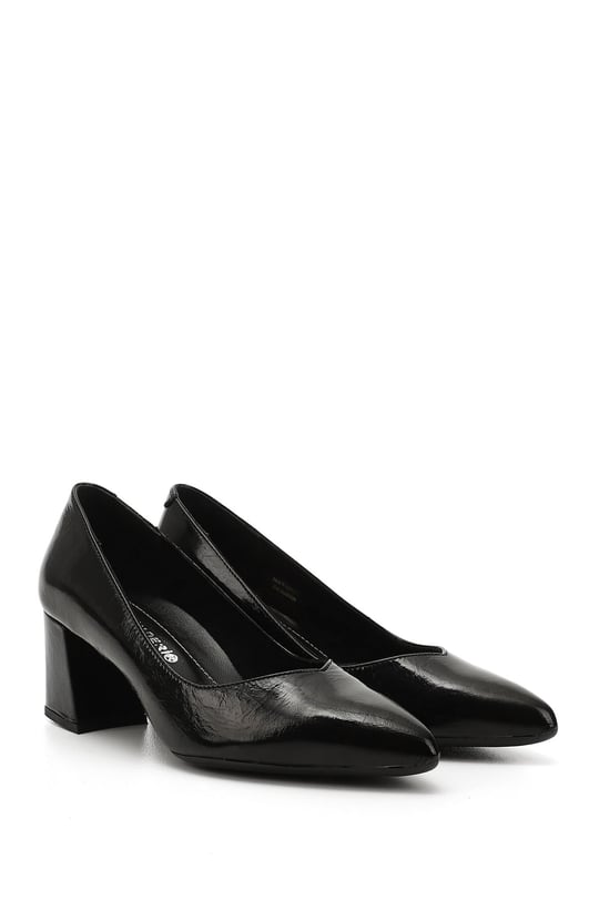 Women's Black Patent Leather Pointed Toe Medium Thick Heel Genuine Leather Shoes