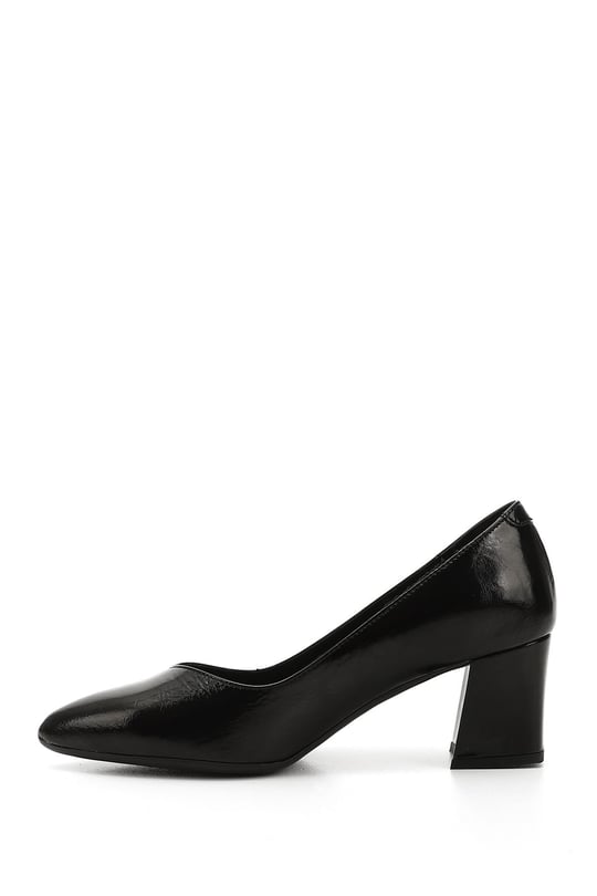 Women's Black Patent Leather Pointed Toe Medium Thick Heel Genuine Leather Shoes