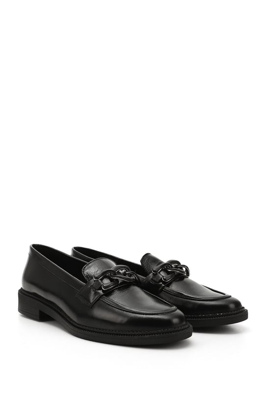Women's Black Patent Leather Buckled Genuine Leather Loafer Shoes