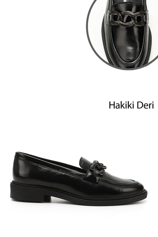 Kadın Siyah Rugan Tokalı Hakiki Deri Loafer Ayakkabı