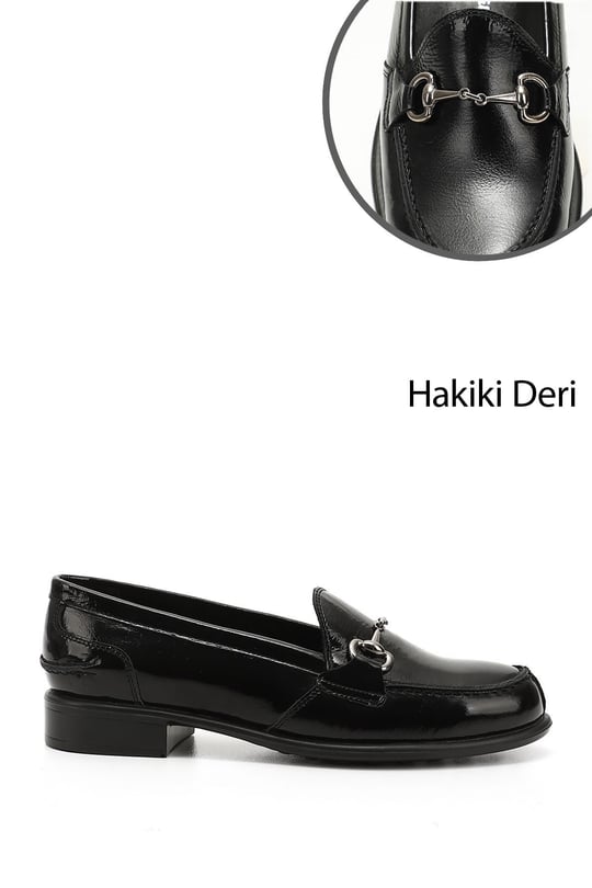 Kadın Siyah Rugan Tokalı Hakiki Deri Loafer Ayakkabı