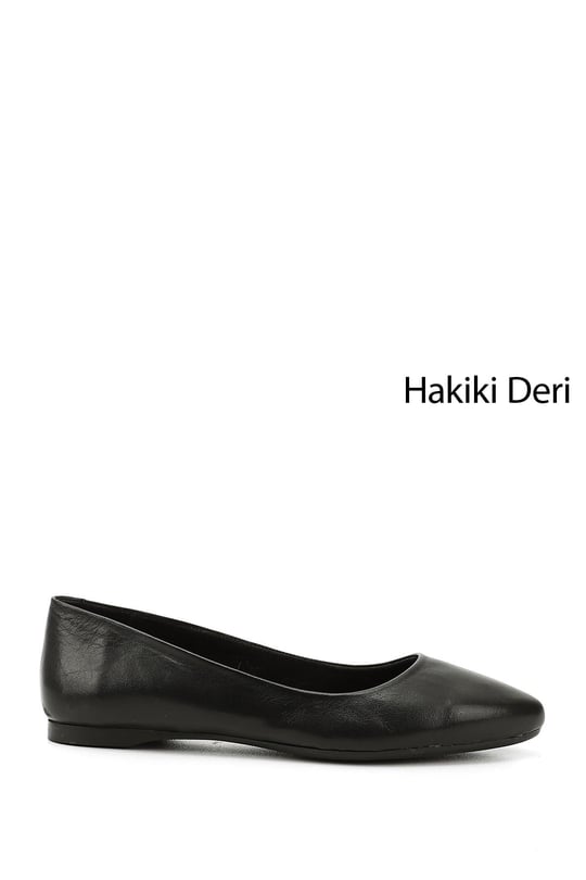 Kadın Siyah Sivri Burun Düz Taban Hakiki Deri Babet