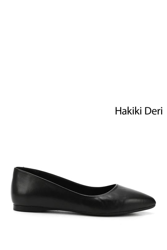 Kadın Siyah Sivri Burun Düz Taban Hakiki Deri Babet