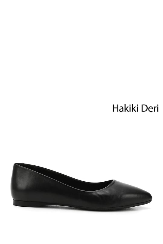 Kadın Siyah Sivri Burun Düz Taban Hakiki Deri Babet