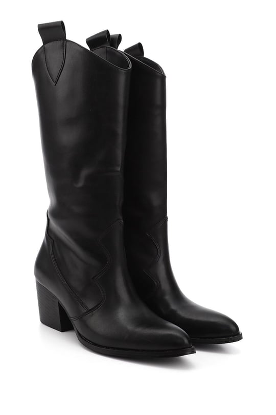 Women's Black Pointed Toe Chunky Heel Western Cowboy Boots