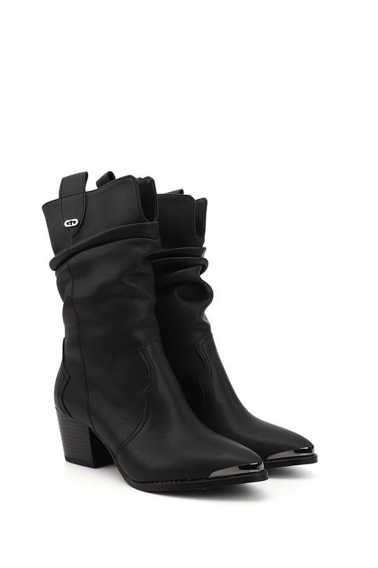 Women's Black Pointed Toe Chunky Heel Cowboy Boots