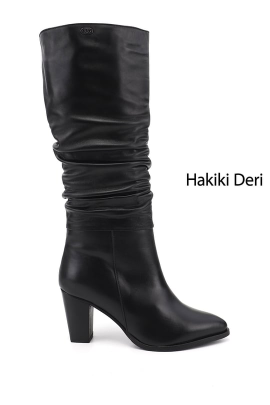 Kadın Siyah Sivri Burun Kalın Topuklu Hakiki Deri Çizme