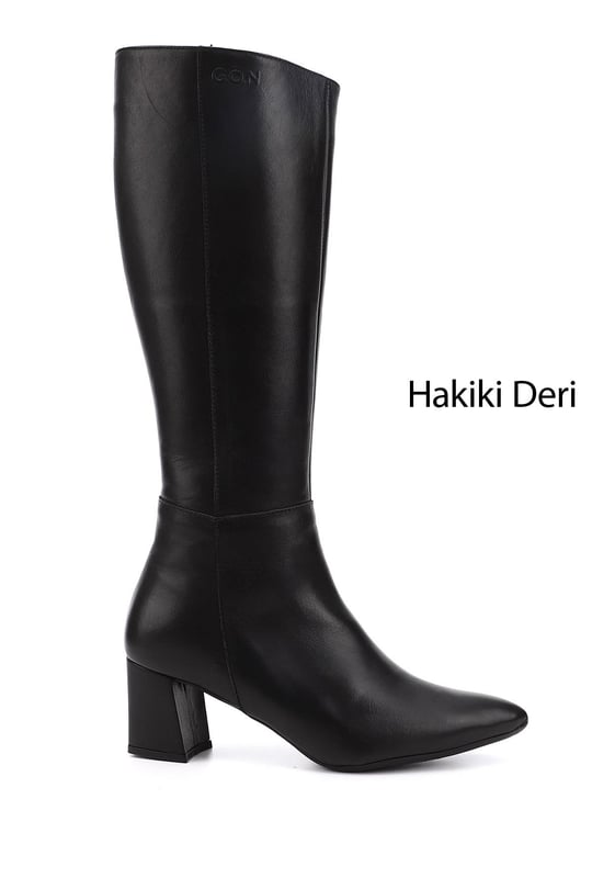Kadın Siyah Sivri Burun Kalın Topuklu Hakiki Deri Çizme