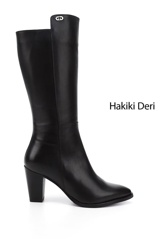 Women's Black Pointed Toe Thick Heel Genuine Leather Boots