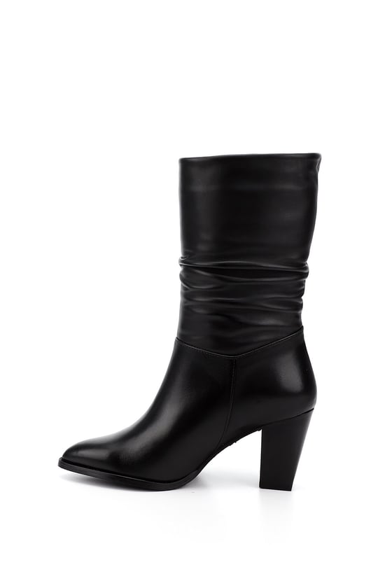 Women's Black Pointed Toe Boots Thick Heel Genuine Leather Boots