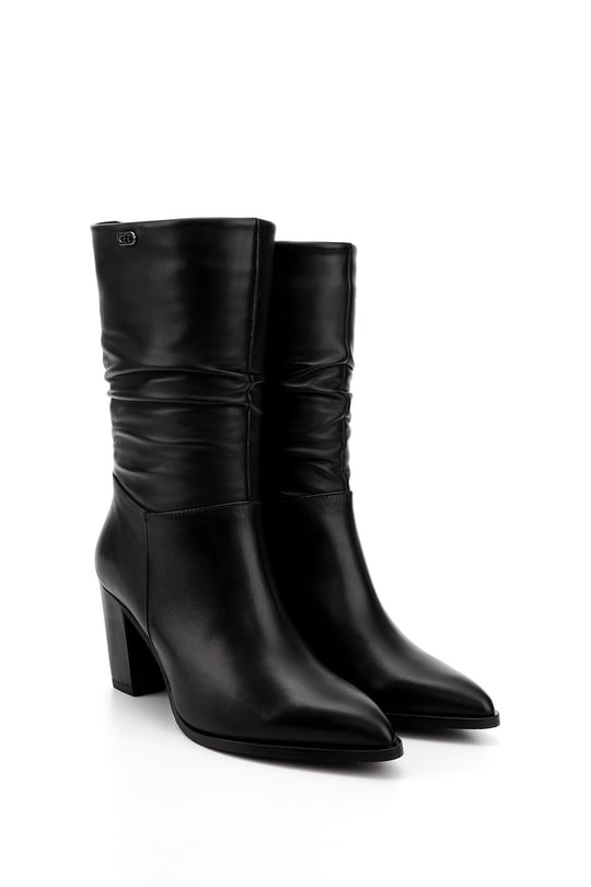 Women's Black Pointed Toe Boots Thick Heel Genuine Leather Boots