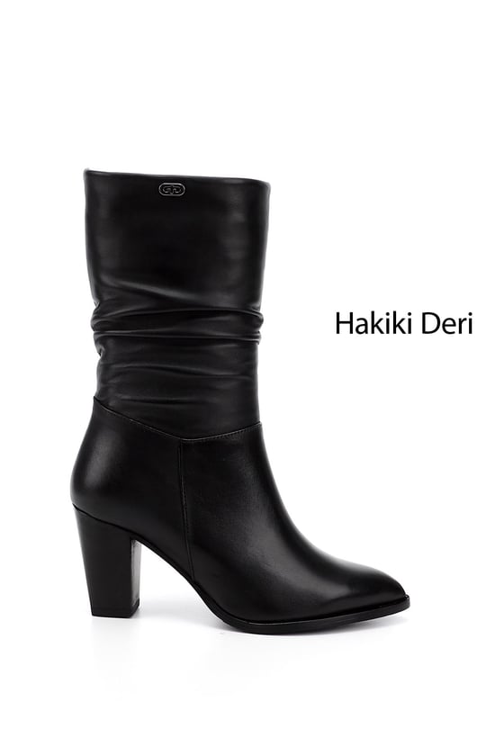 Women's Black Pointed Toe Boots Thick Heel Genuine Leather Boots